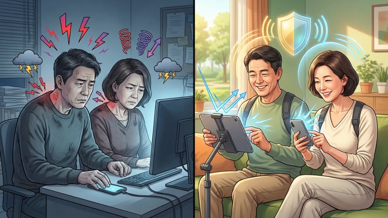 스마트폰 사용으로 거북목이 된 중장년 남녀가 자세 교정 밴드와 거치대를 활용해 꼿꼿한 자세를 되찾는 Before/After 모습. 거북목 예방과 자세 교정 필수템.