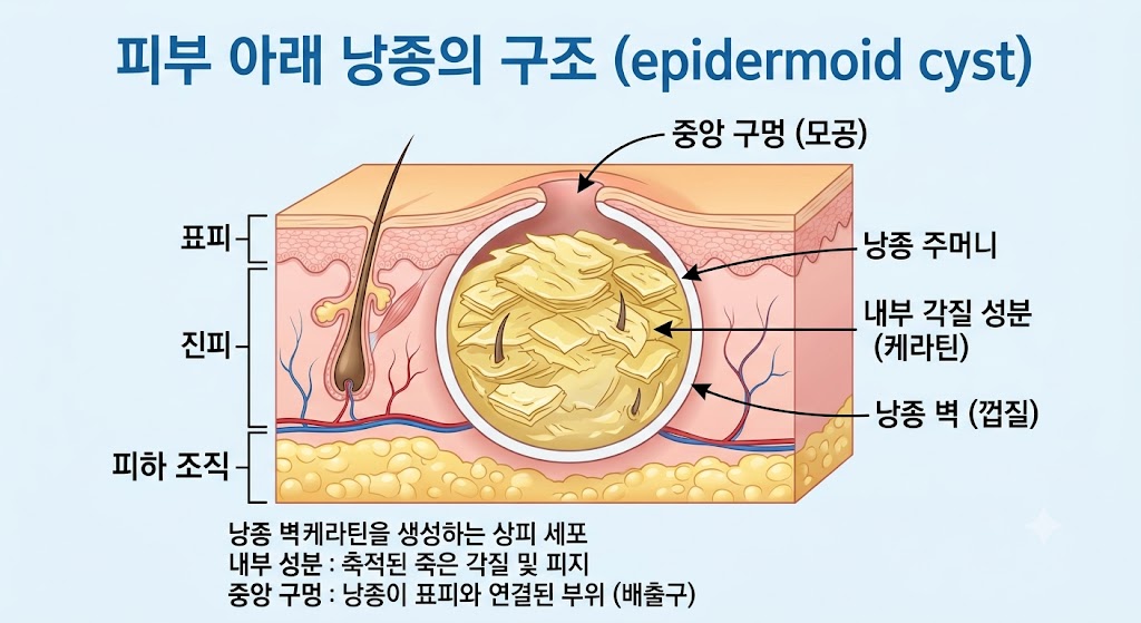 피지낭종의 피부 아래 주머니 구조와 중앙 구멍을 설명하는 이미지