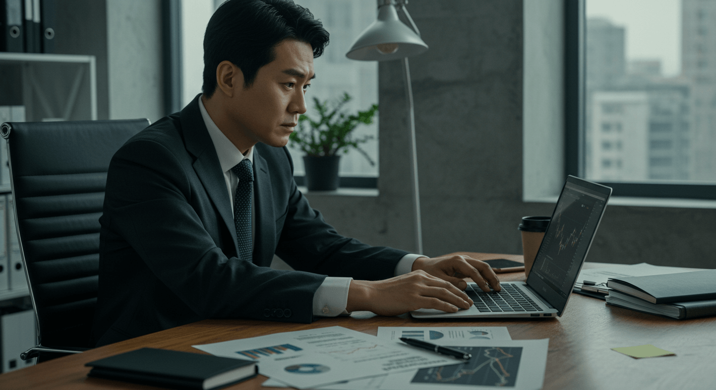 한국인이 사무실에서 다이아 투자 전망 보고서를 검토하는 장면 1