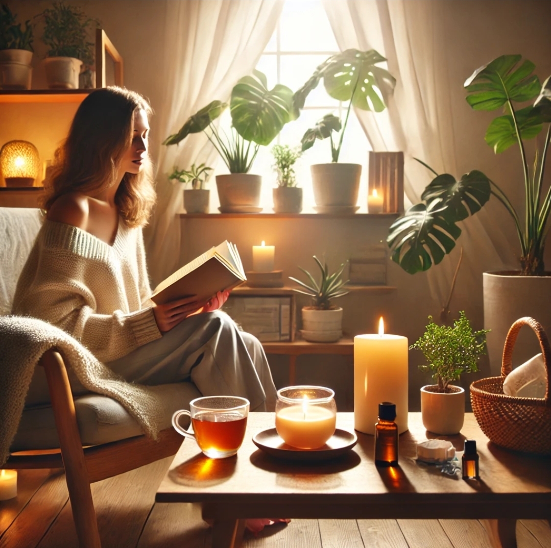 편안한 분위기의 공간에서 따뜻한 차와 책을 즐기는 장면으로, 마음을 돌보는 느낌