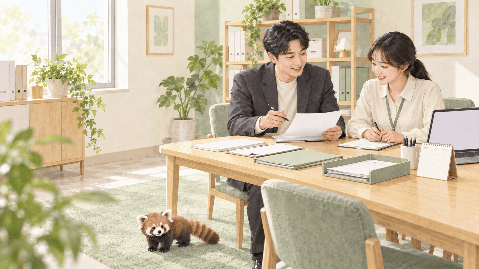 여자 상담사와 육아휴직-대체인력지원금에 대화하고 있는 남자 이미지 입니다.