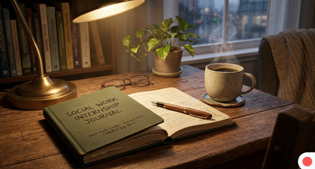 책상에 놓인 사회복지 실습 일지와 볼펜, 커피 한 잔이 놓여 있는 감성적인 모습
