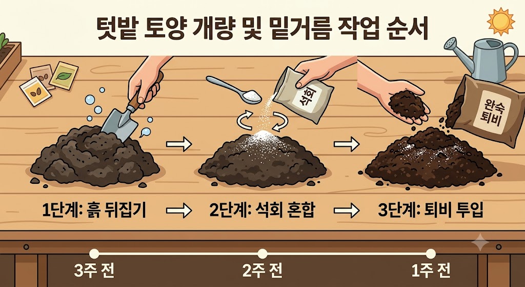텃밭 상자 구역에서 3단계에 걸쳐 토양을 살리는 과정을 보여주는 직관적인 삽화