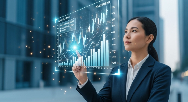 홀로그램 금융 차트를 신중하게 살펴보는 사람의 모습. ISA 계좌를 통한 현명한 자산 관리 및 미래 투자를 상징합니다.