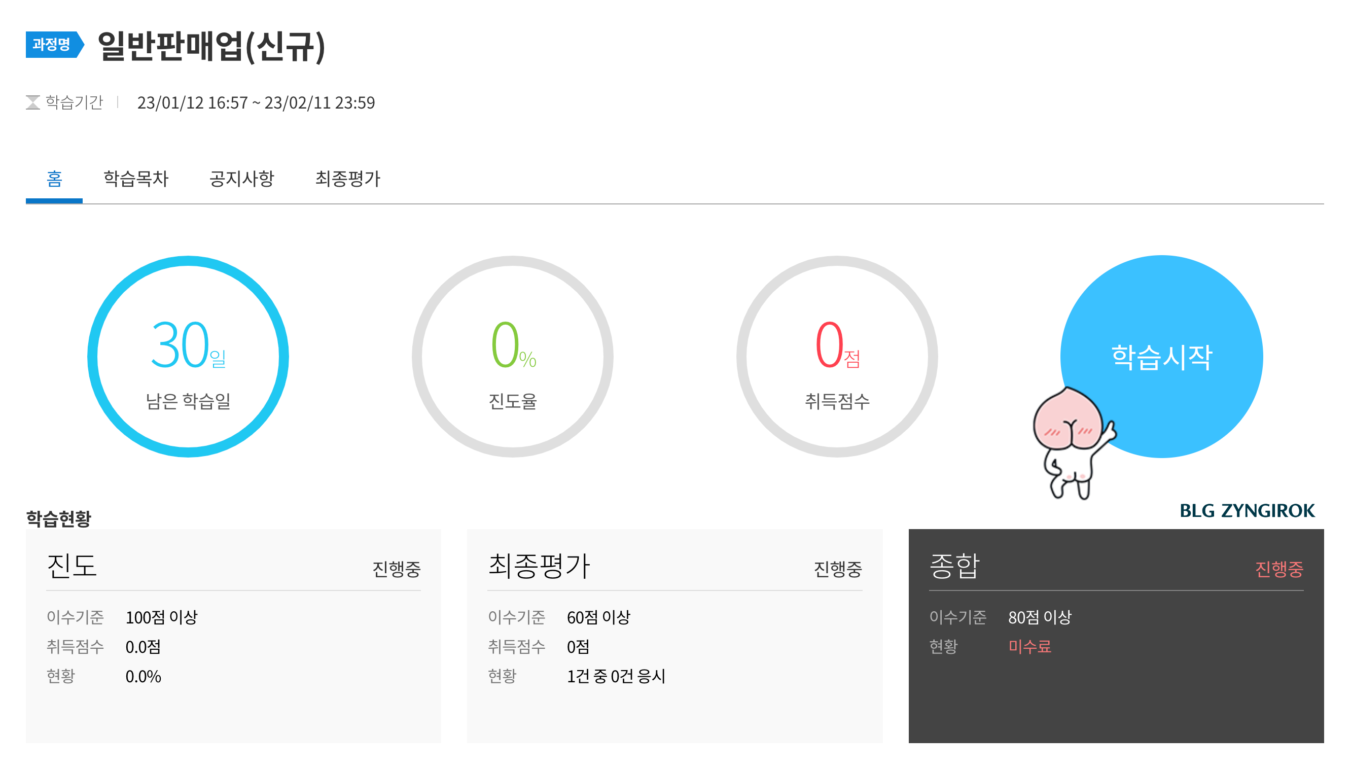 일반판매업-강의를-어느정도-성취했는지를-한번에-알아볼-수-있게-보여주는-페이지이다.-남은-학습일이-30일이고-진도율이-0%-그리고-취득점수가-0점으로-표시되어있다.