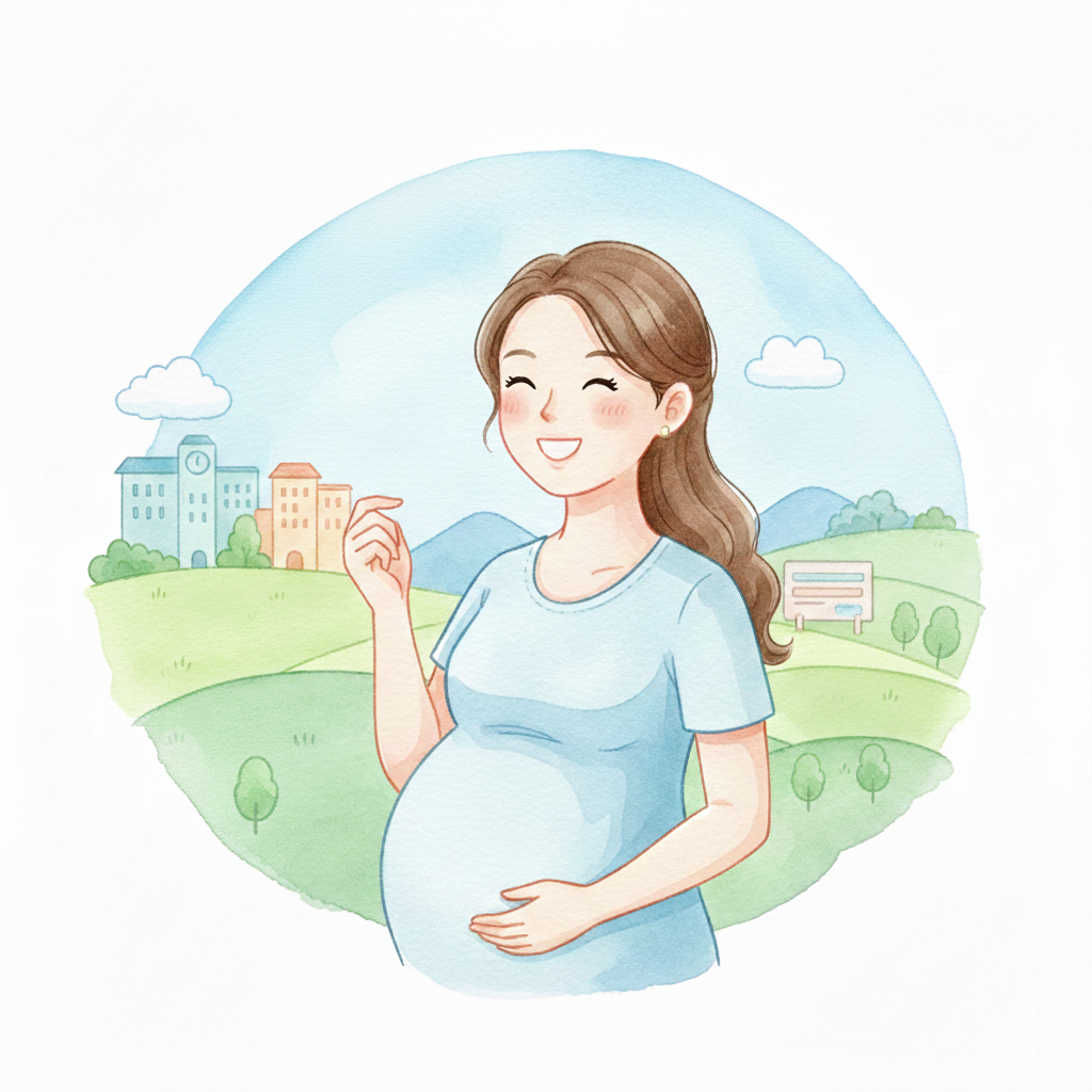2026년 임산부 지원금 혜택을 상징하는 밝은 미소의 임산부 일러스트, 따뜻한 수채화 화풍의 동화 느낌 삽화