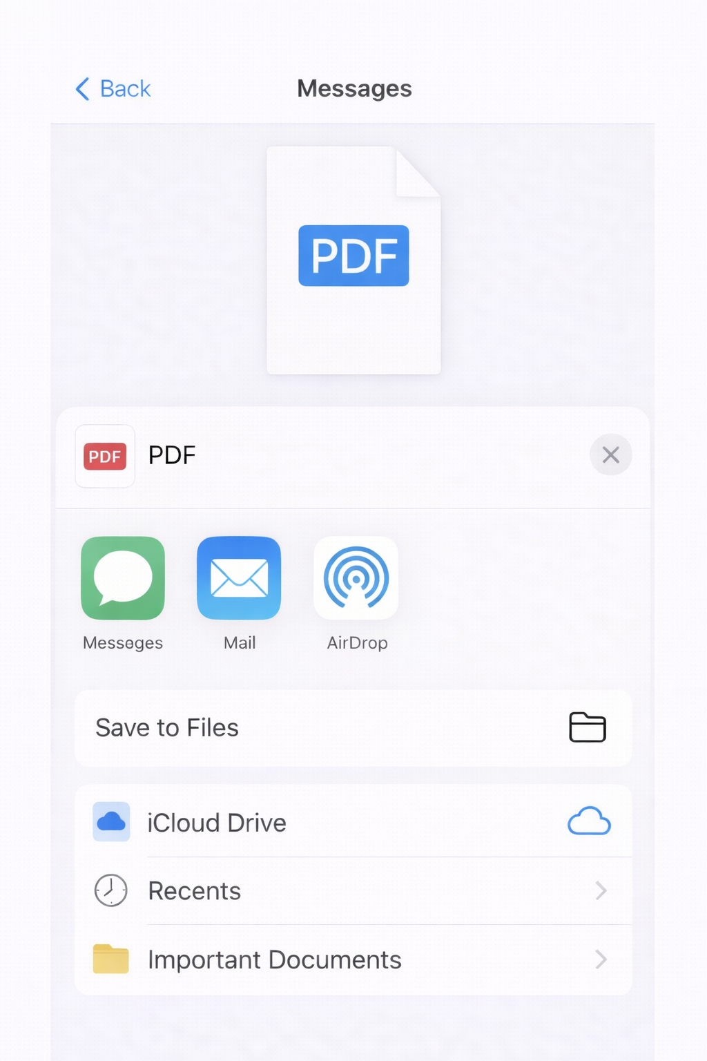아이폰 메시지에서 PDF 첨부파일을 파일 앱 iCloud Drive로 저장하는 화면