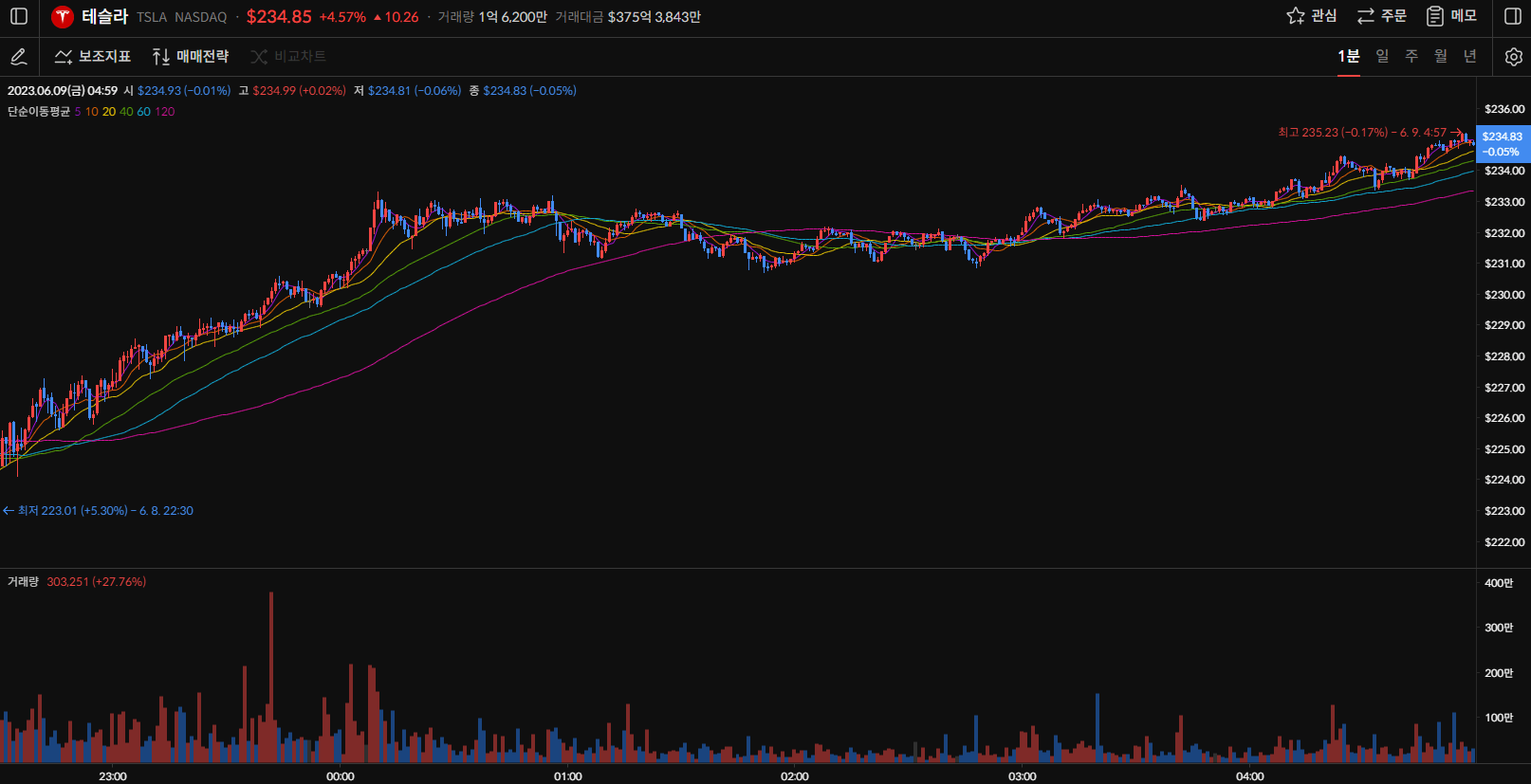 테슬라 주가 1분봉