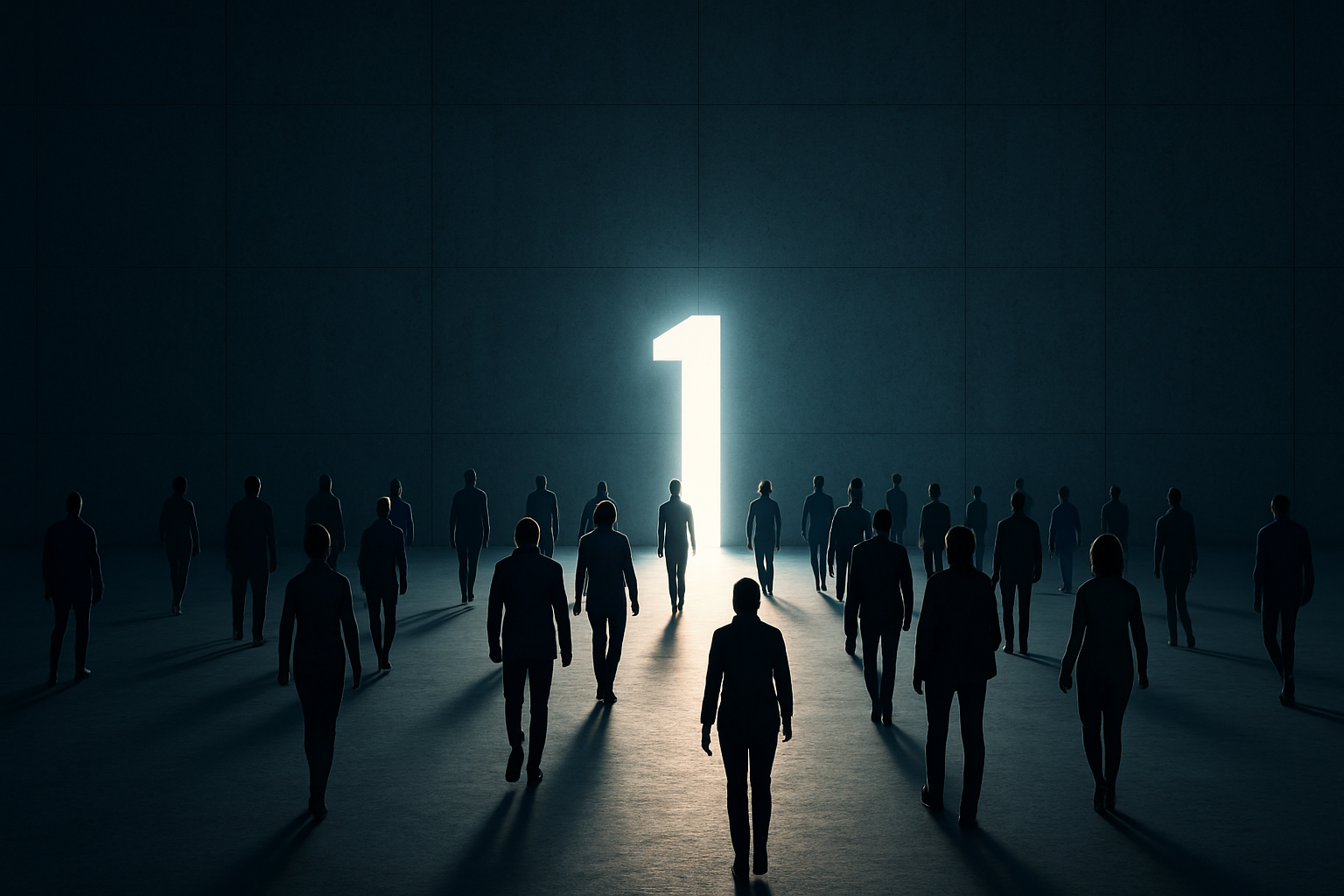 "작은 1자의 밝은 빛으로 향해 걸어가는 사람들의 실루엣 – 하나로 부름받는 연합의 상징"