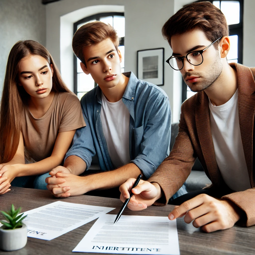 현대적인 거실에서 상속 문서를 논의하는 세 형제. 한 명은 걱정스러운 표정을 짓고 있고, 다른 한 명은 문서를 가리키고 있다
