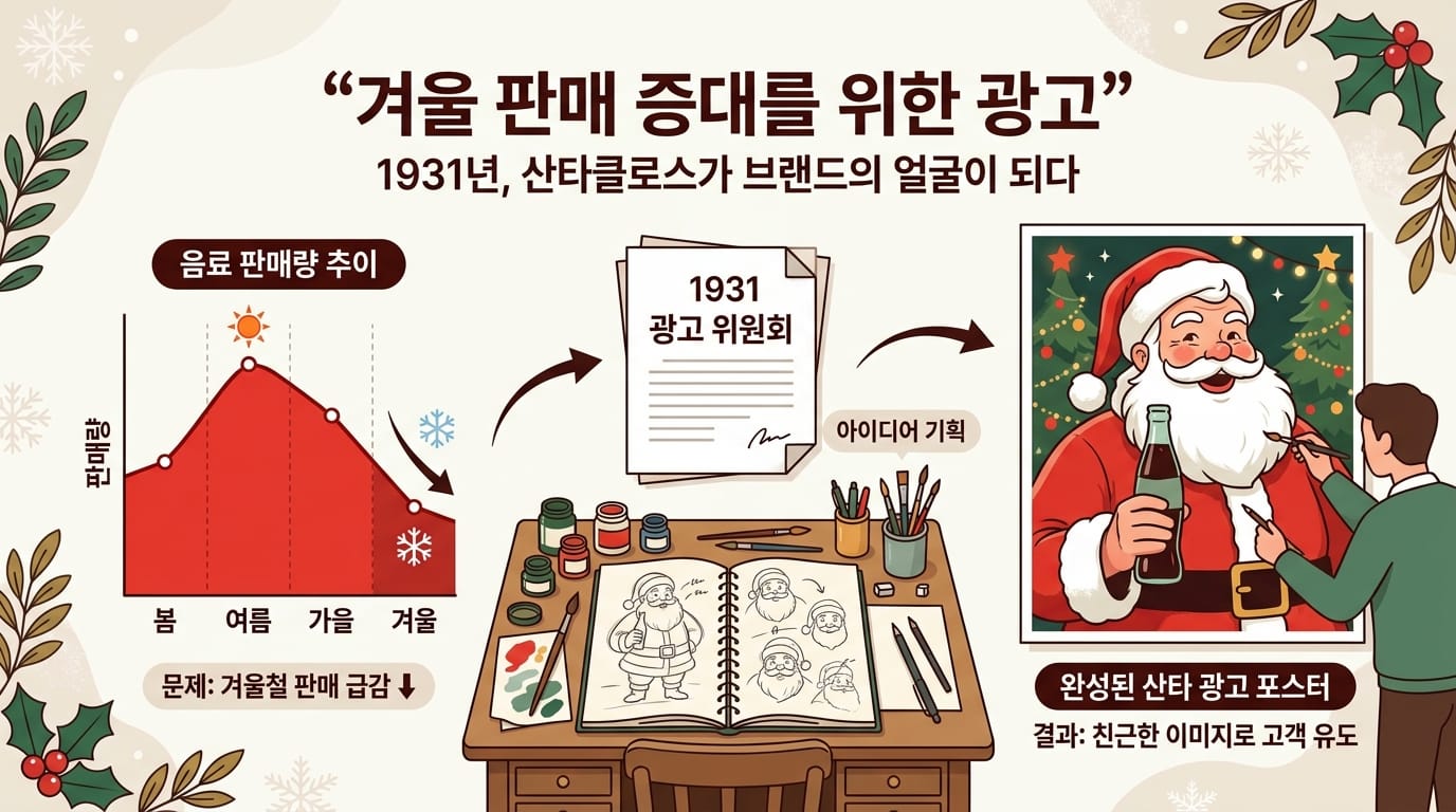 1931년 코카콜라가 겨울 매출을 위해 산타클로스 광고를 기획한 과정을 설명하는 인포그래픽