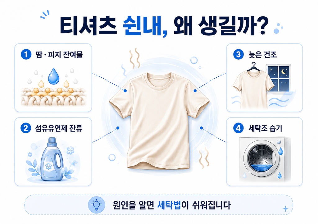 티셔츠 쉰내가 생기는 원인 땀 피지 잔여물 섬유유연제 잔류 늦은 건조 세탁조 습기 정리 이미지