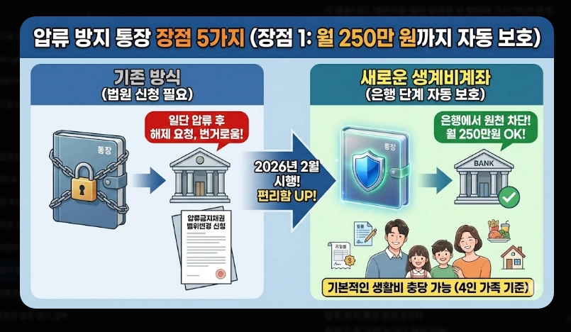 압류방지통장 장단점 비교 [2026년 기준] 생계비계좌 개설 전 반드시 확인할 5가지