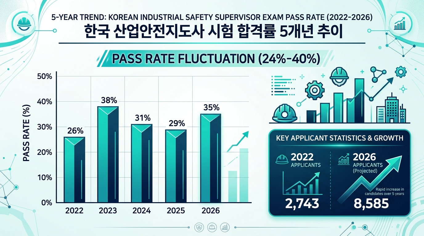 산업안전지도사 1차 합격률 최근 5년 추이 &mdash; 2022~2026 공식 통계 분석 인포그래픽