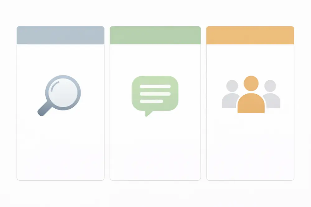 포털검색, AI대화, 커뮤니티를 3열로 비교하는 미니멀 인포그래픽 레이아웃과 아이콘 구성