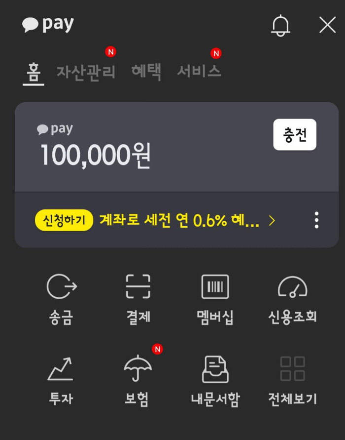 카카오페이 홈화면