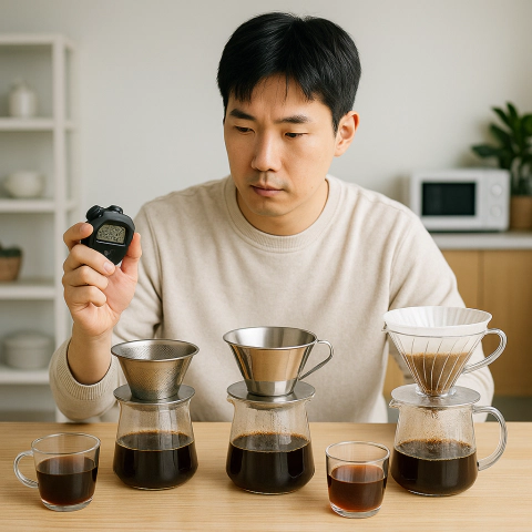 세가지 드리퍼로 추출한 커피를 추출하는 중