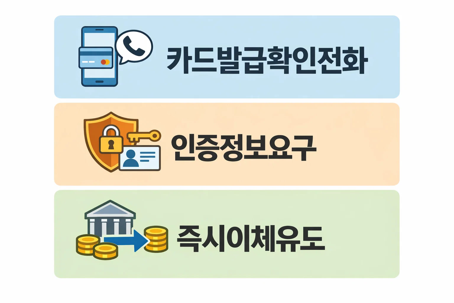 카드 발급 확인 전화를 가장한 보이스피싱 수법과 인증정보 요구 및 즉시 이체 유도 특징을 실제 사례 기준으로 정리한 이미지