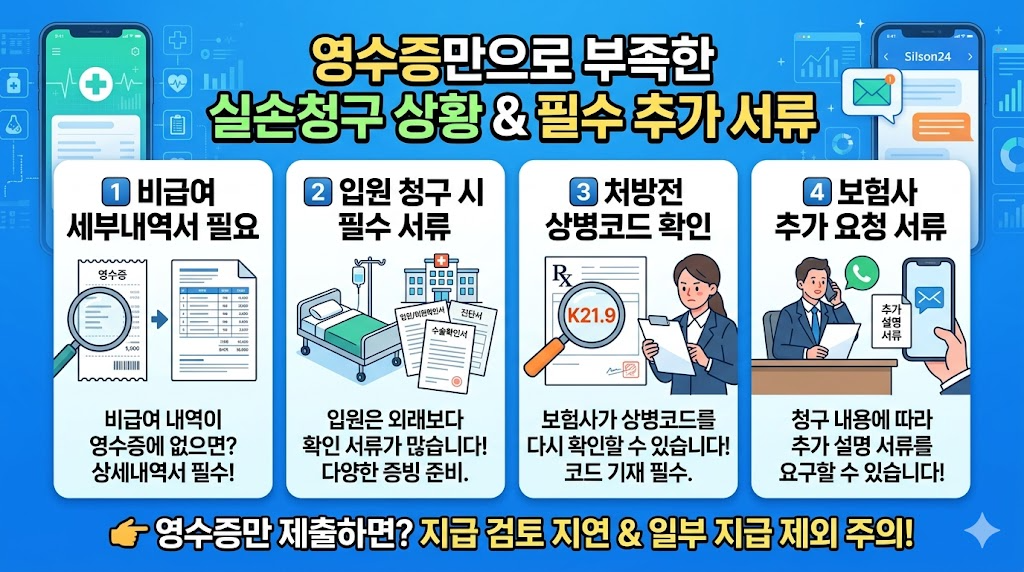 영수증만으로 부족한 경우와 추가 확인이 필요한 항목을 인포그래픽으로 표현한 이미지