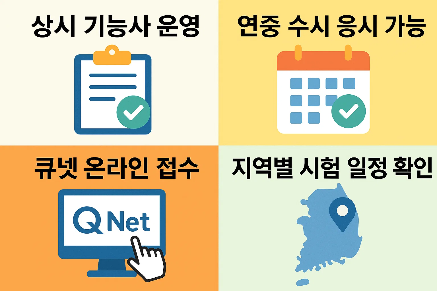 상시 기능사 운영, 연중 수시 응시, 큐넷 온라인 접수, 지역별 시험 일정 확인 등 지게차운전기능사 시험 접수와 일정 정보를 정리한 인포그래픽. 응시 전 확인해야 할 절차를 한눈에 정리한 이미지.