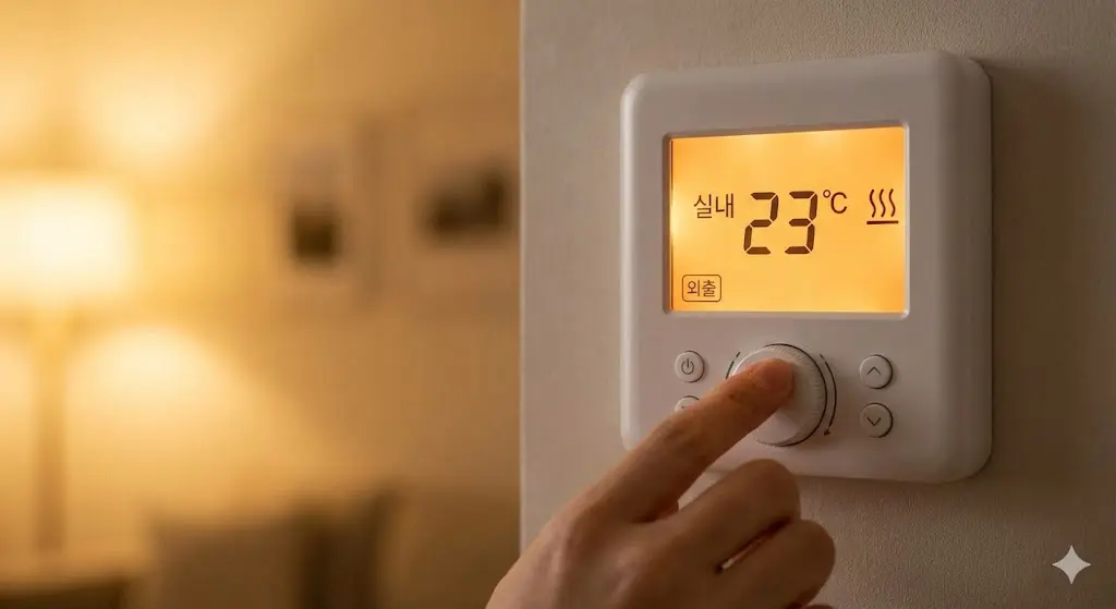 보일러 온도 조절기 화면을 '외출'이 아닌 '실내' 모드로 맞추는 손