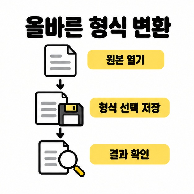원본 열기에서 형식 선택 저장 결과 확인으로 이어지는 올바른 파일 변환 절차 도식