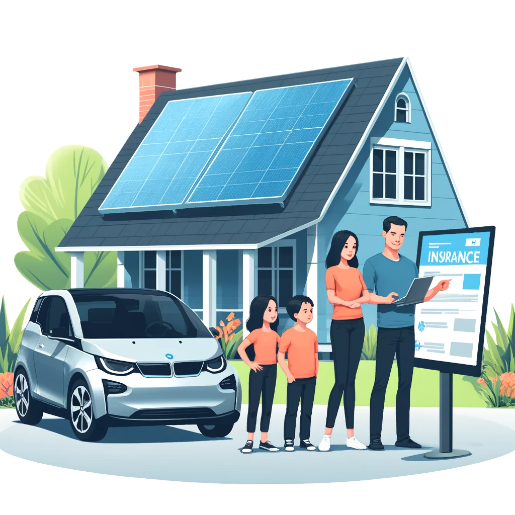 전기차 옆에 서서 노트북으로 여러 보험 계획을 비교하는 가족. 지붕에 태양광 패널이 설치된 집이 있어 지속 가능한 선택을 강조한다.