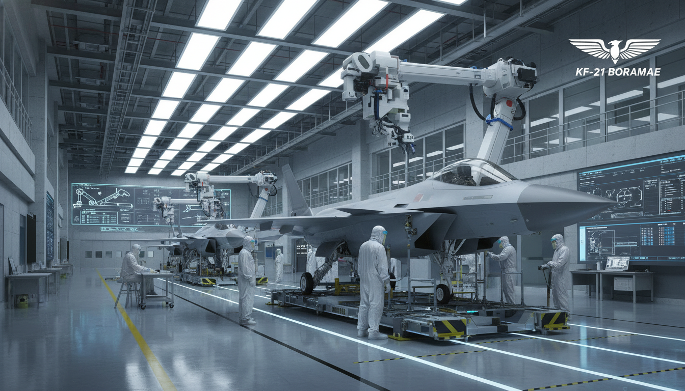 한국항공우주(KAI) 공장에서 조립 중인 최첨단 KF-21 보라매 전투기 생산 라인 모습