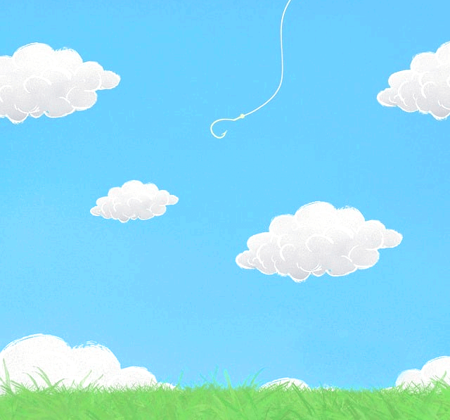 파랗 하늘에 하얀 구름들이 여러개 있다. 하늘에서 하얀 낚시줄이 내려온다.