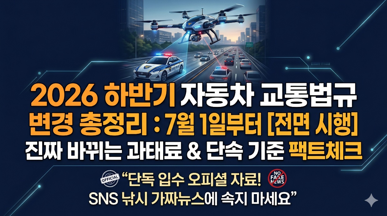 2026년 7월 1일부터 전면 시행되는 하반기 자동차 도로교통법 변경 및 과태료 단속 기준 팩트체크 안내 메인 표지 카드뉴스 이미지