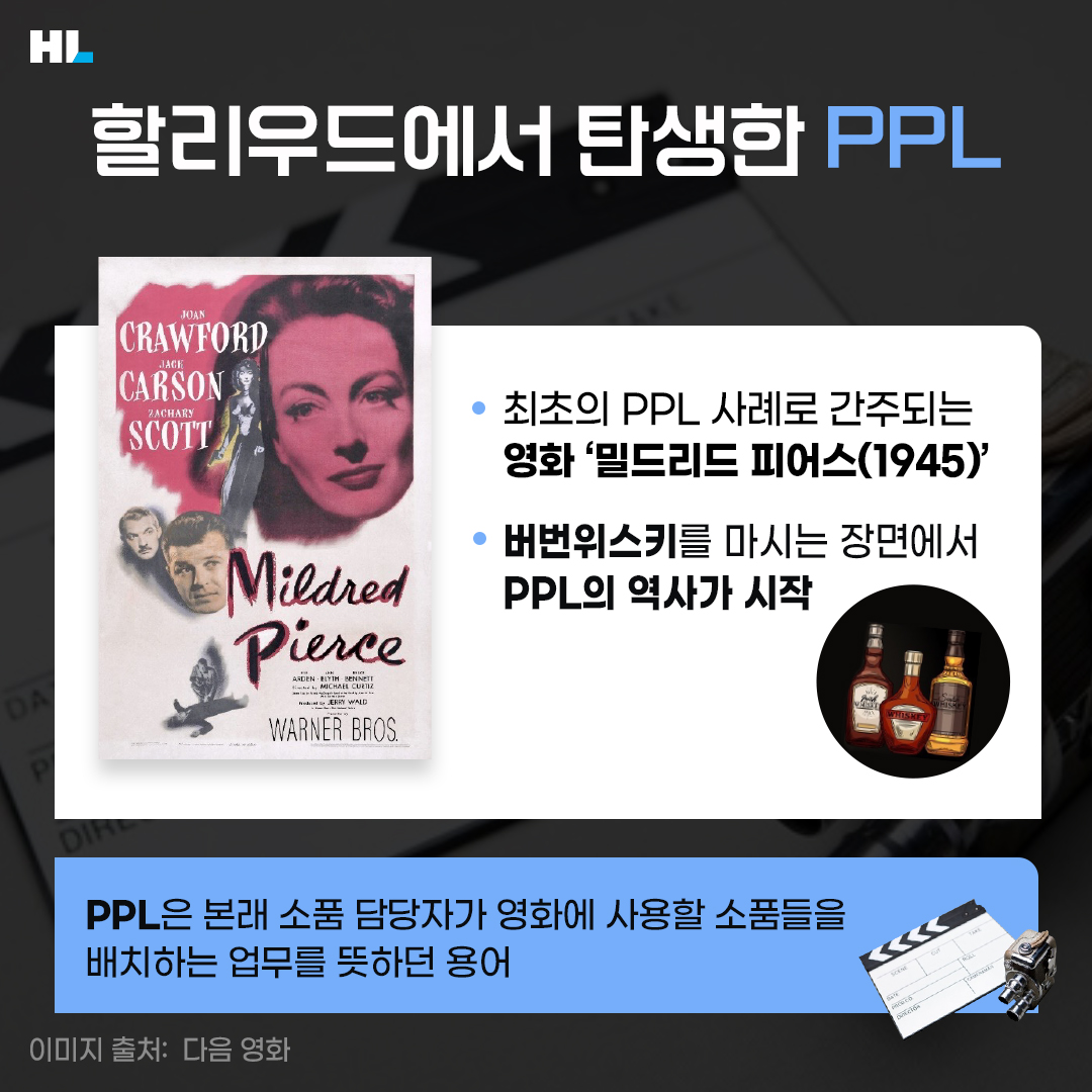 할리우드에서 탄생한 PPL
- 최초의 PPL 사례로 간주되는 영화 '밀드리스 피어스(1945)'
- 버번위스키를 마시는 장면에서 PPL의 역사가 시작
- PPL은 본래 소품 담당자가 영화에 사용할 소품들을 배치하는 업무를 뜻하던 용어