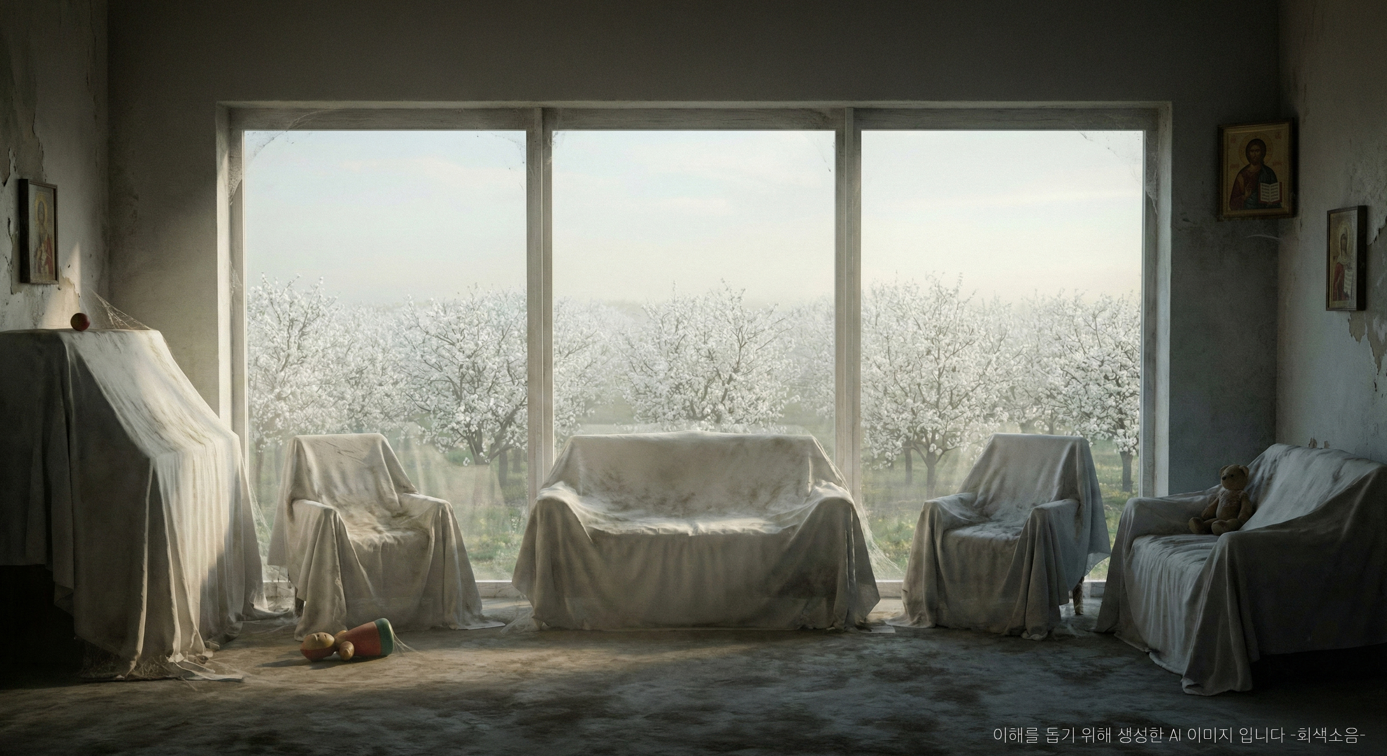 텅 빈 아이들 방 : 19세기 러시아의 버려진 유아실에서 먼지 덮인 가구 너머로 만개한 흰 체리 과수원이 보이고, 흐릿한 아침빛이 실내외를 함께 비추는 쓸쓸한 와이드 장면.