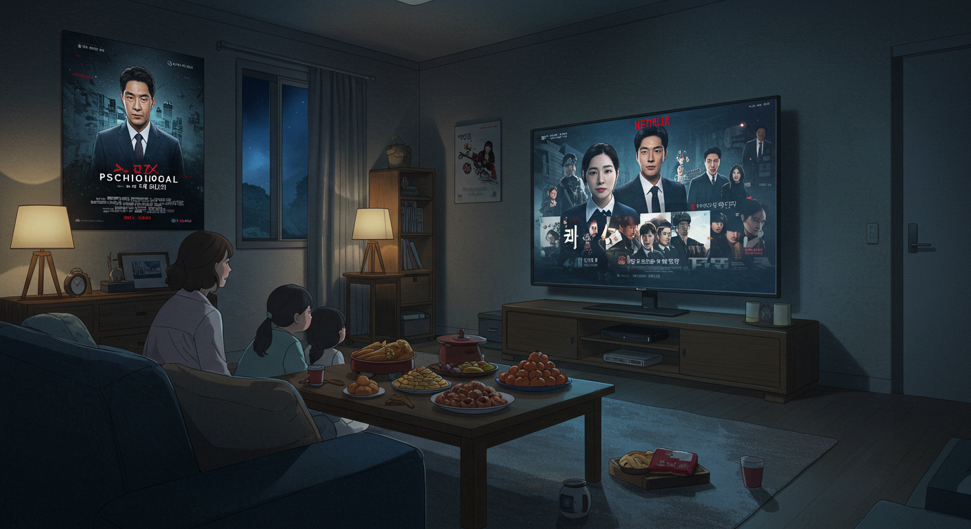추석 연휴에 가족이 거실에서 넷플릭스 스릴러 미드를 보는 썸네일