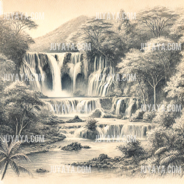 라오스 루앙프라방의 쿠앙시 폭포를 부드러운 연필 선으로 묘사한 스케치 이미지.