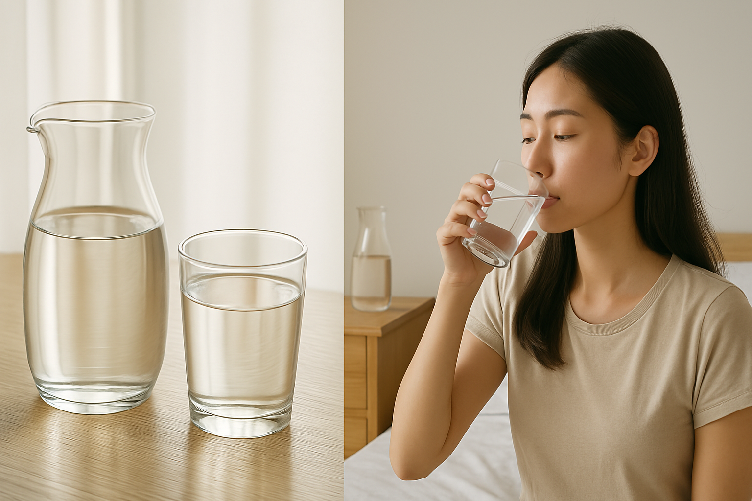 아침 햇살이 비치는 침실에 투명한 유리병과 유리잔에 담긴 물, 그리고 침대에 앉아 물을 마시는 여성