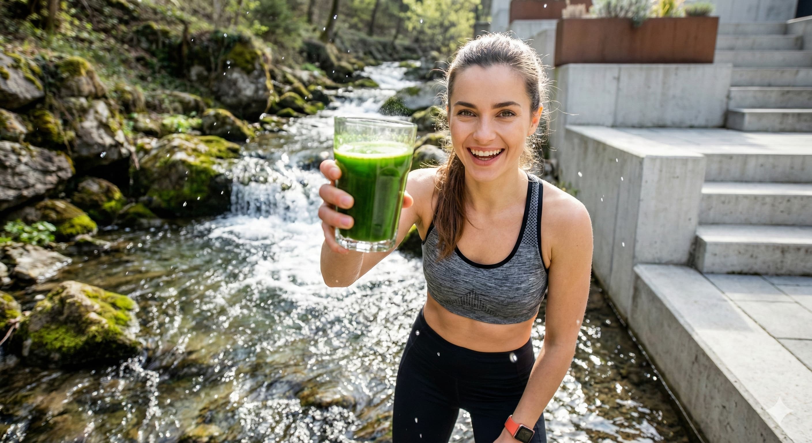 맑은 계곡 옆에서 신선한 녹색 채소 주스를 들고 있는 활기찬 여성
