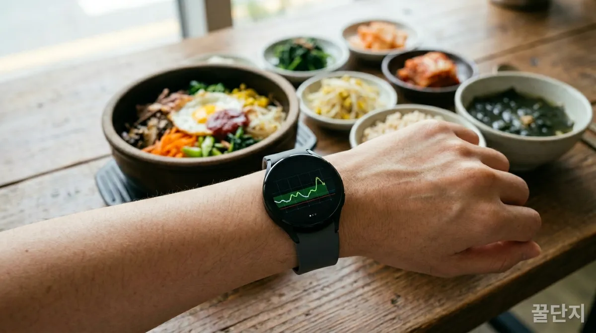 한국인이 스마트 워치로 혈당 데이터를 확인하며 건강한 식사를 하는 모습