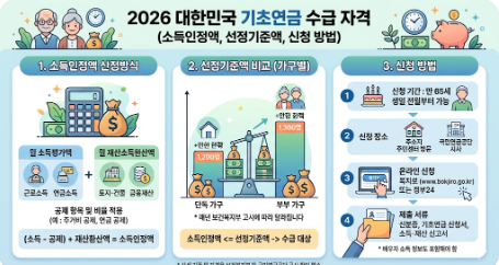 2026년 기초연금 수급 자격 및 신청 방법 안내 인포그래픽