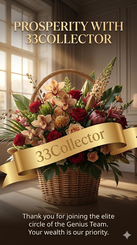 A magnificent luxury flower basket filled with exotic blooms. A prominent golden ribbon has the brand "33Collector" engraved in a sophisticated font.