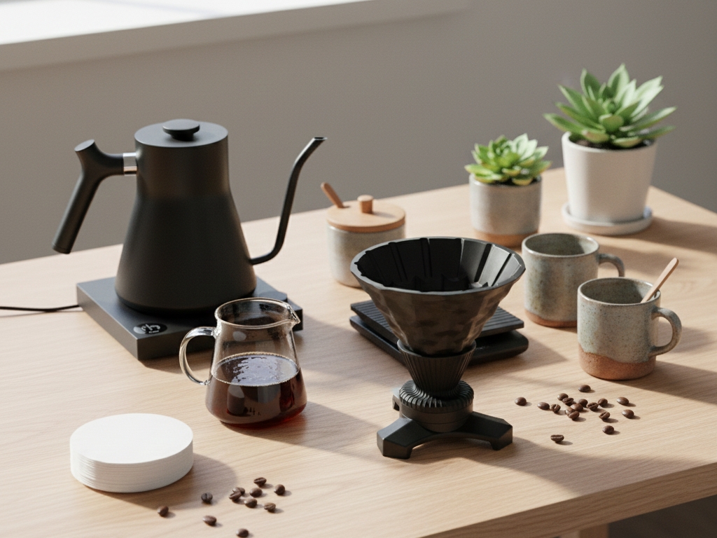 테이블 위에 펠로우 드리퍼와 드레곤 플라이 CT62 트렌짓 프로 드리퍼 그리고 서버 등이 올려져 있다.
