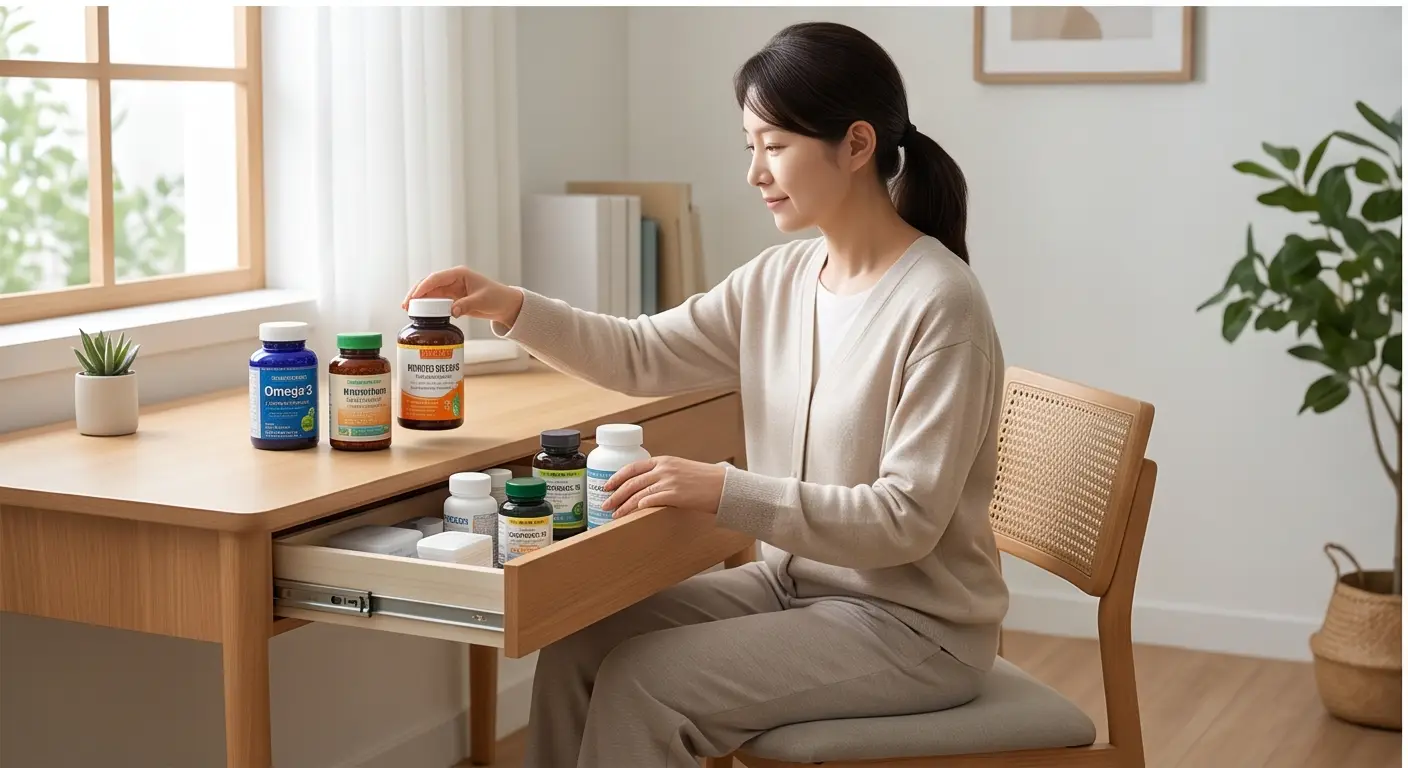 책상 서랍에서 밀크씨슬과 오메가3 등 간 건강 보충제 영양제 통을 정리하는 여성