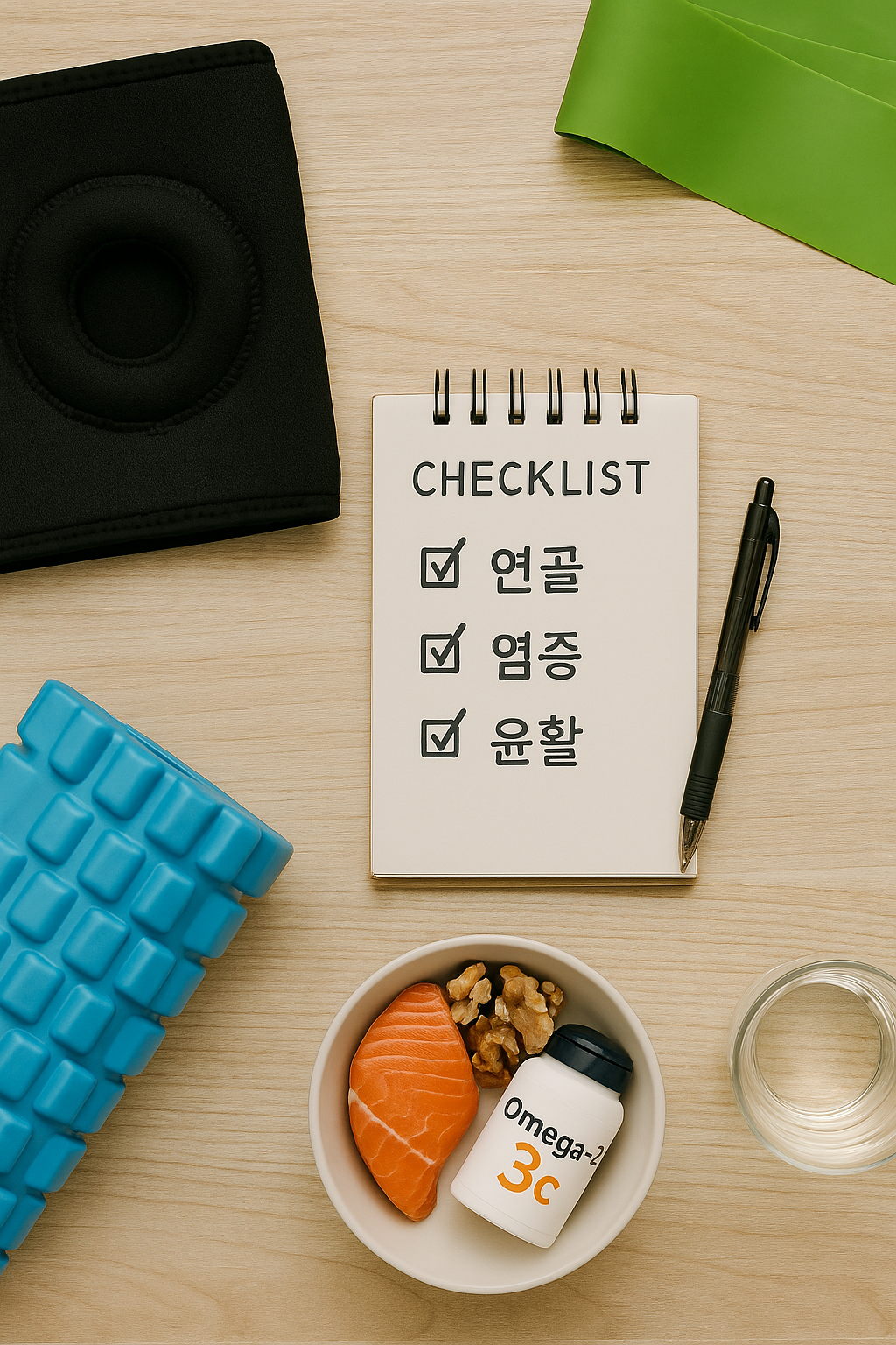 관절 통증 원인 경로를 점검하는 체크리스트 플랫레이 — 무릎 보호대, 폼롤러, 메모장, 펜