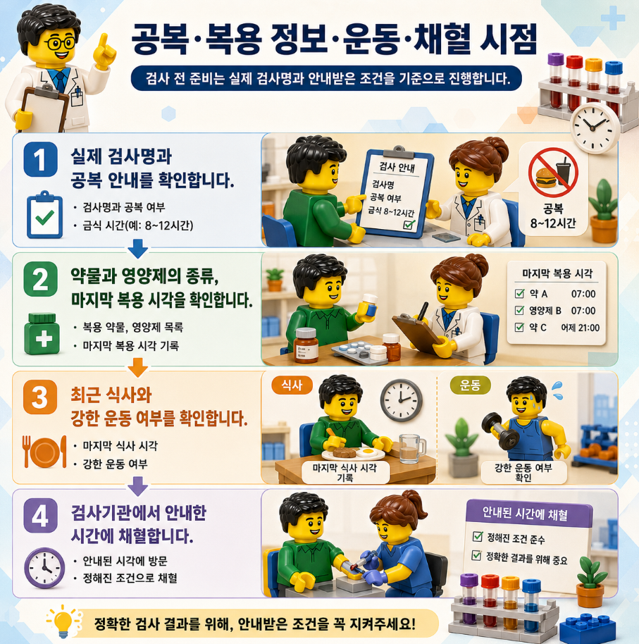 혈액검사 전 공복, 약물, 운동, 채혈 시점 확인 순서를 정리한 레고 스타일 메디컬 인포그래픽