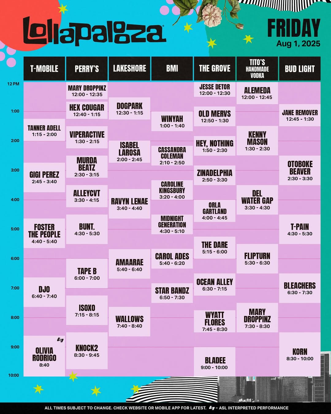 2025 롤라팔루자 시카고 타임테이블