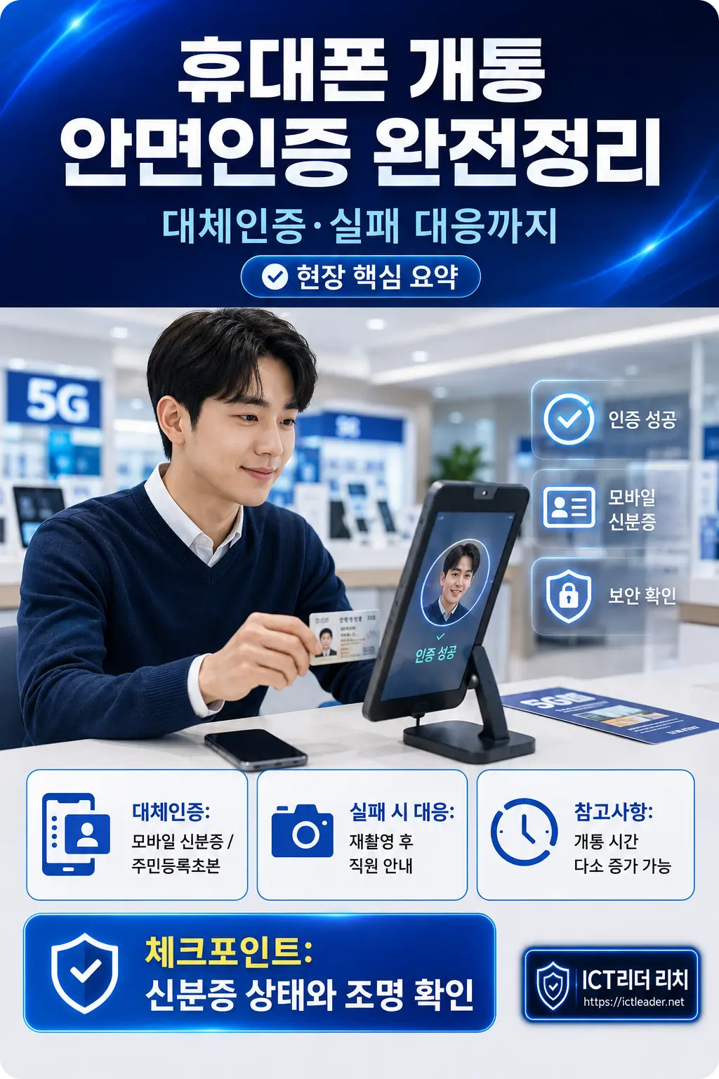 휴대폰 개통 안면인증 대체인증과 실패 대응 방법을 설명한 남성 중심 인포그래픽