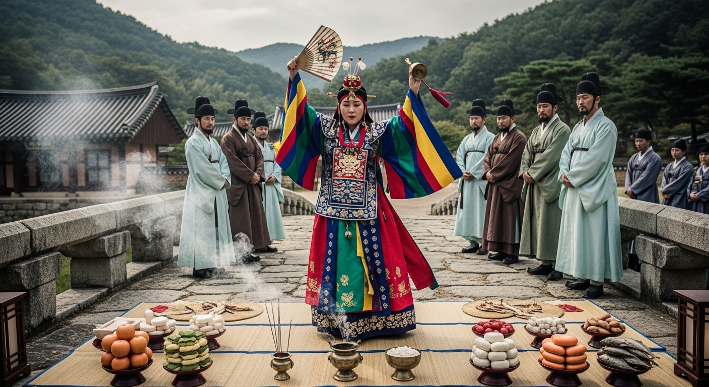조선시대 석조 다리 위에서 화려한 무복을 입은 무당이 제사 의식을 집행하고, 신하들이 지켜보는 가운데 제물이 차려진 모습