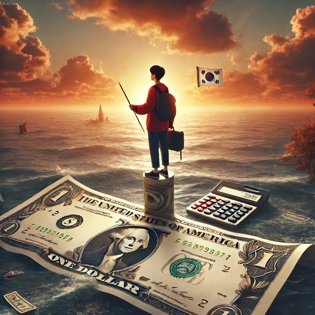 Image of a Korean student standing on a giant dollar bill that is floating across the ocean