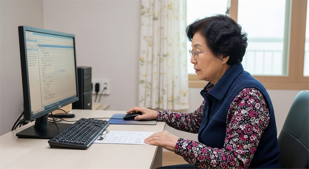 집에서 데스크톱 컴퓨터로 발급 신청을 진행하는 한국인 시니어 모습 