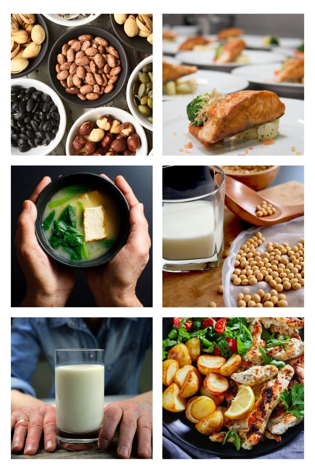 골다공증 예방에 좋은 음식 - 견과류, 연어, 두부 된장국, 두유, 우유, 닭가슴살 샐러드