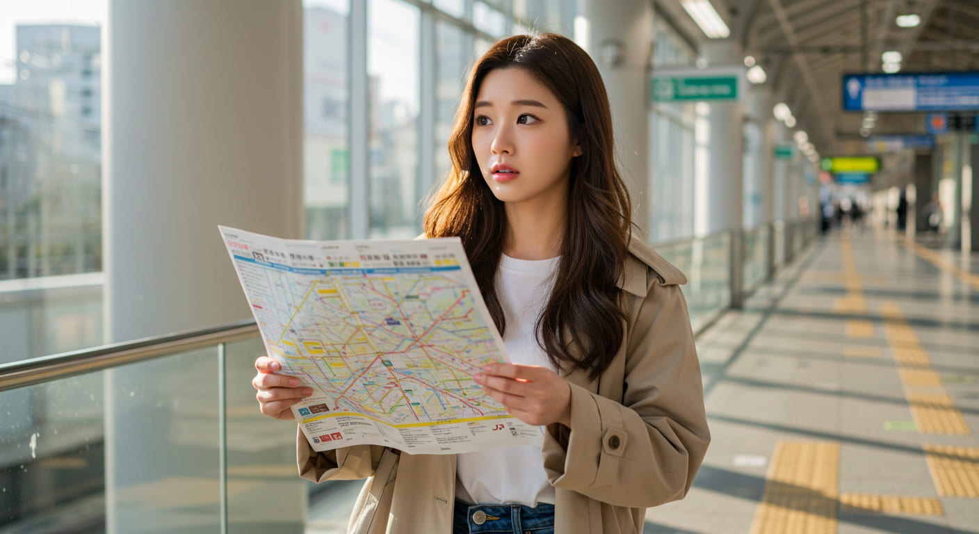 역 넘버링 시스템을 확인하는 귀여운 한국 여성
